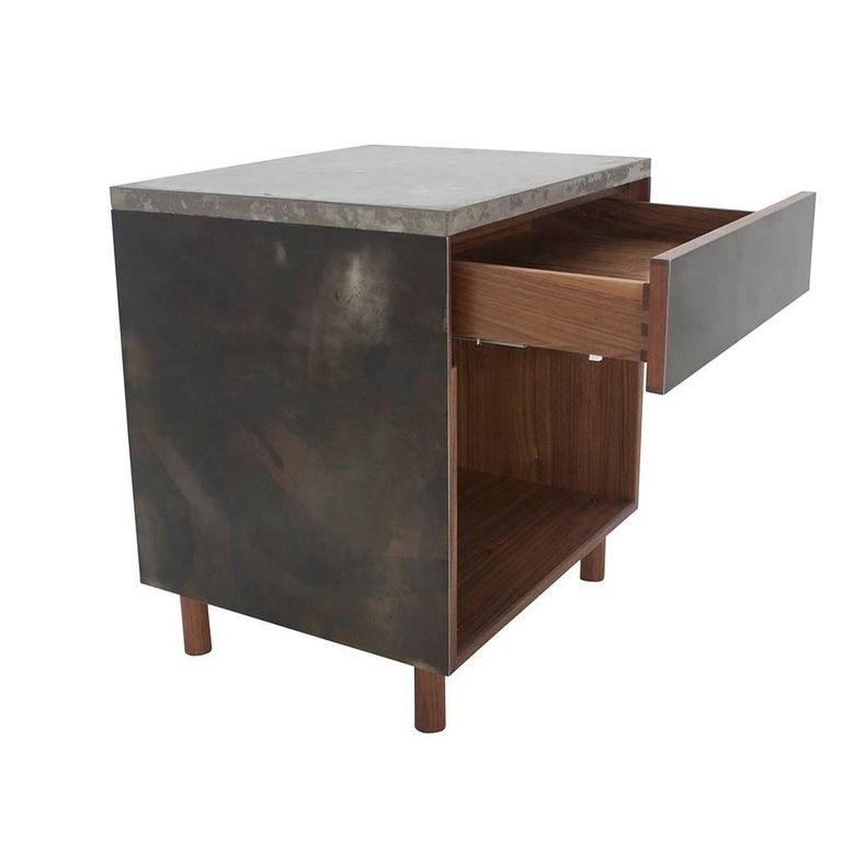Minimalist Side Table, Patinated Steel, Cast-Concrete and Walnut with Drawer, Tip-On For Sale