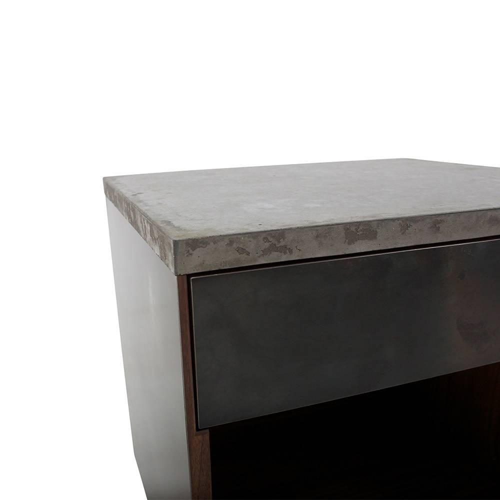 American Side Table, Patinated Steel, Cast-Concrete and Walnut with Drawer, Tip-On For Sale