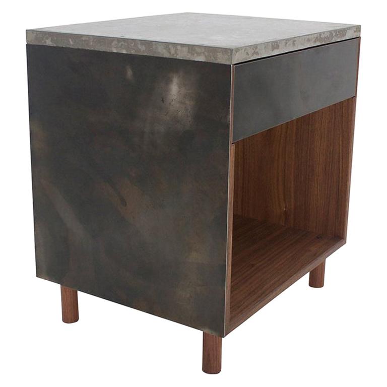 Side Table, Patinated Steel, Cast-Concrete and Walnut with Drawer, Tip-On