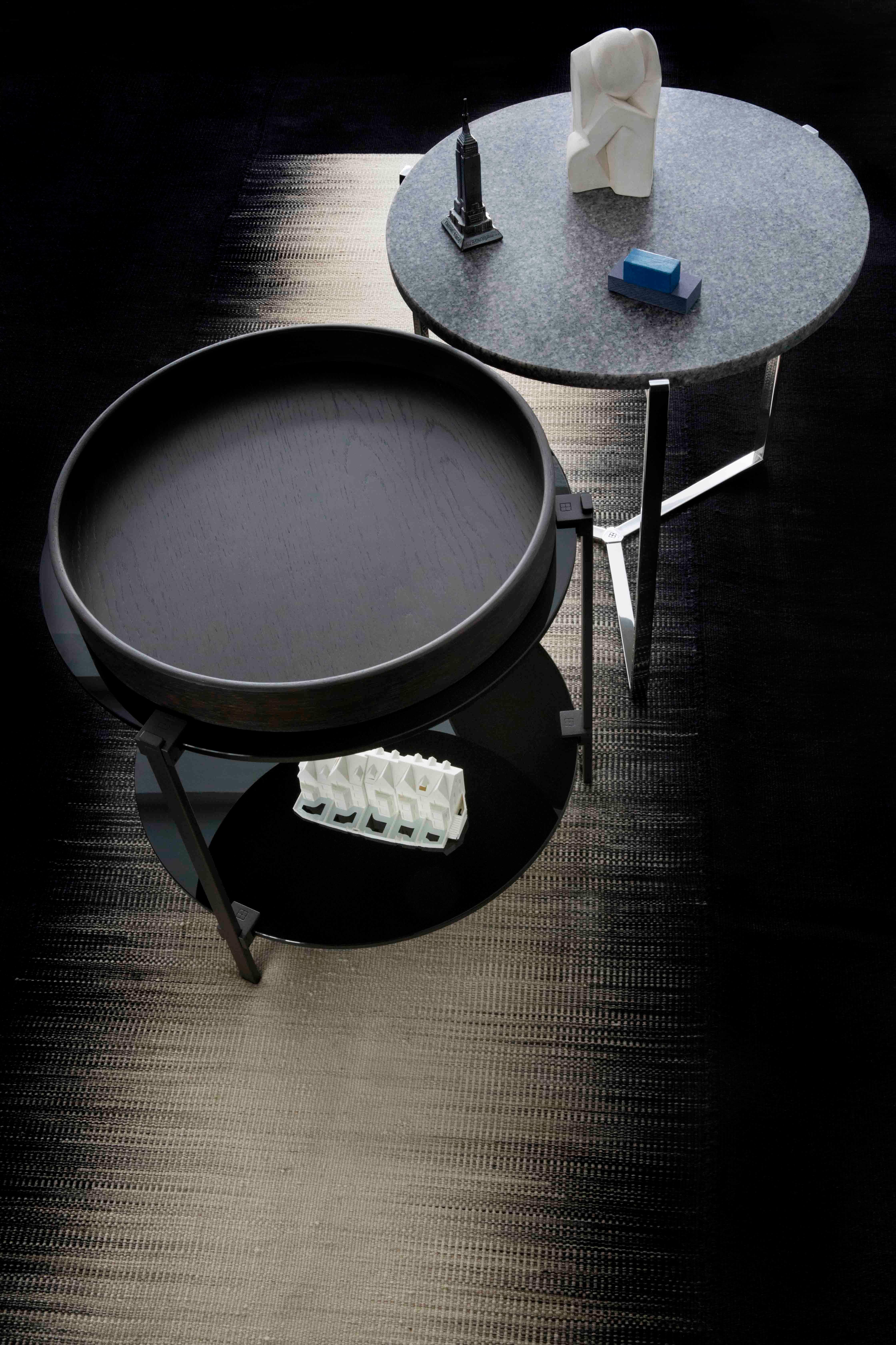 Minimalist Modern round Side Table black Tray Oak tinted Glass bedside