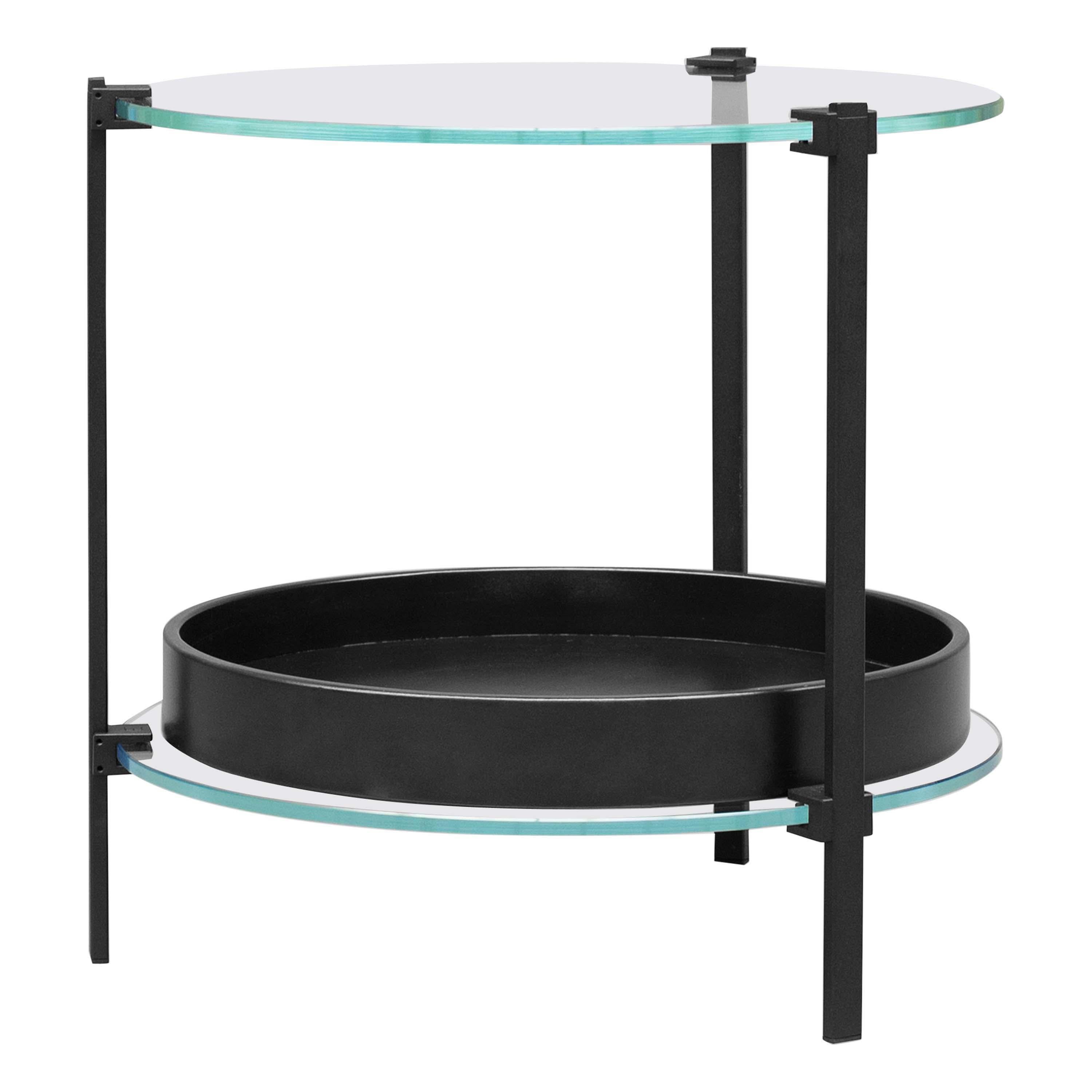 Modern round Side Table black Tray Oak tinted Glass bedside