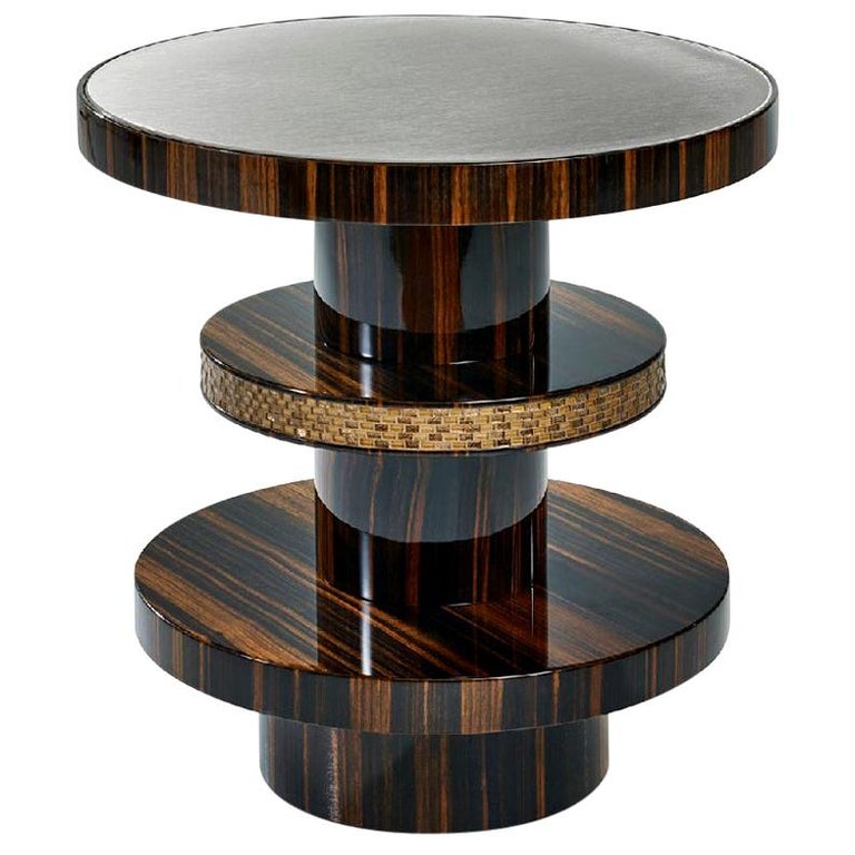 Side Table Polished Ebony Finish Decorative Insert in Mosaic Top in Vetrite For Sale