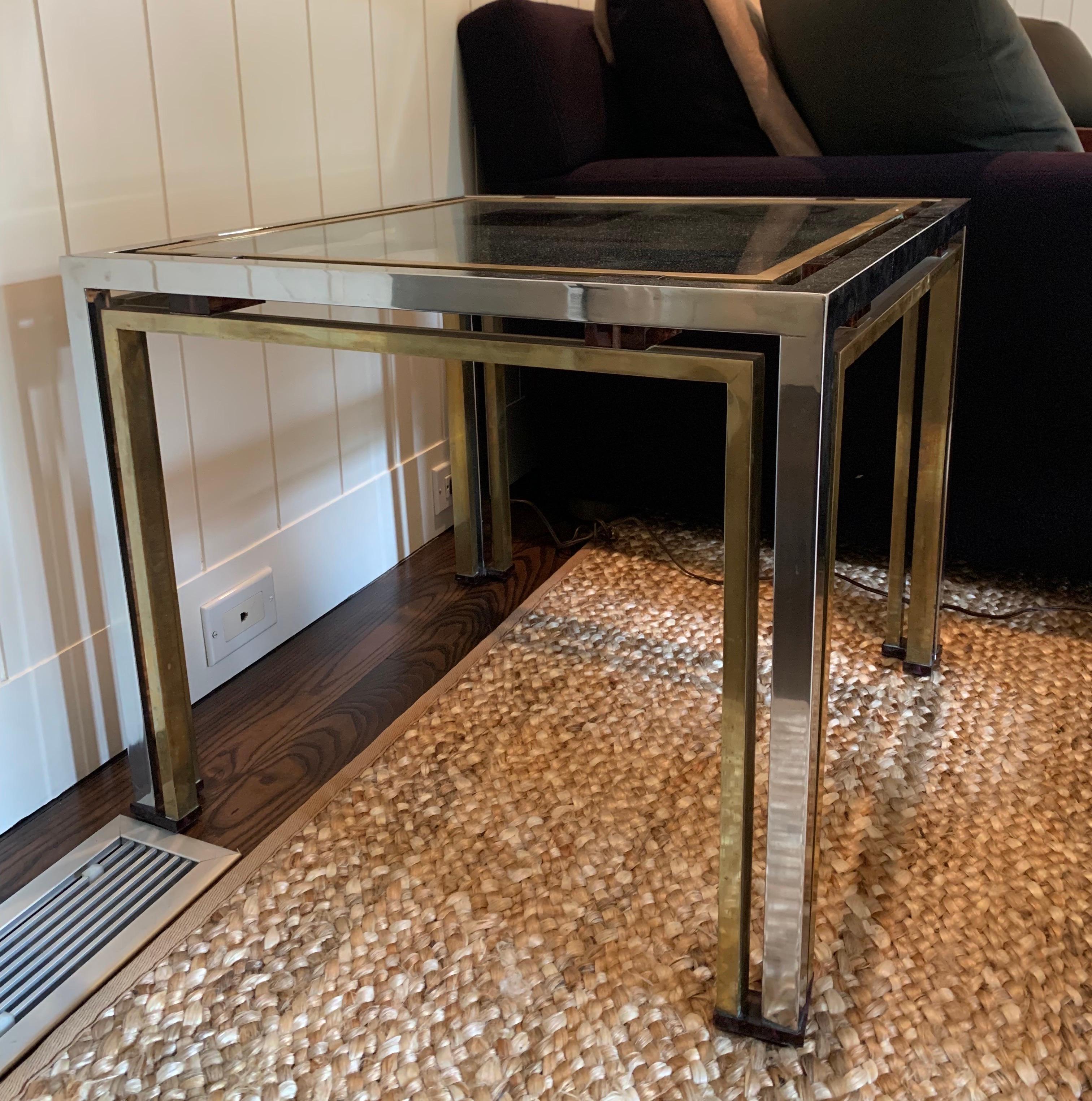 Vintage side table by Italian designer Romeo Rega in chrome, Lucite and brass, Italy, 1970s.