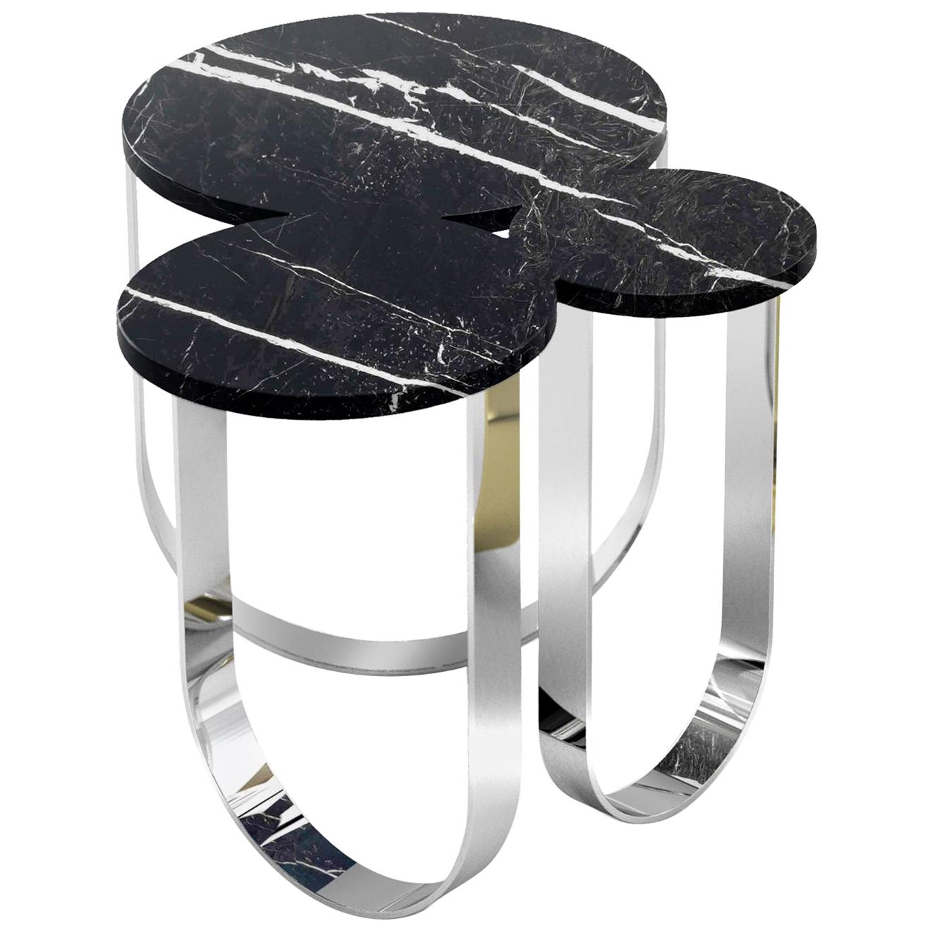 Side or End Table Organic Shape Black Marquina Marble Mirror Steel Collectible