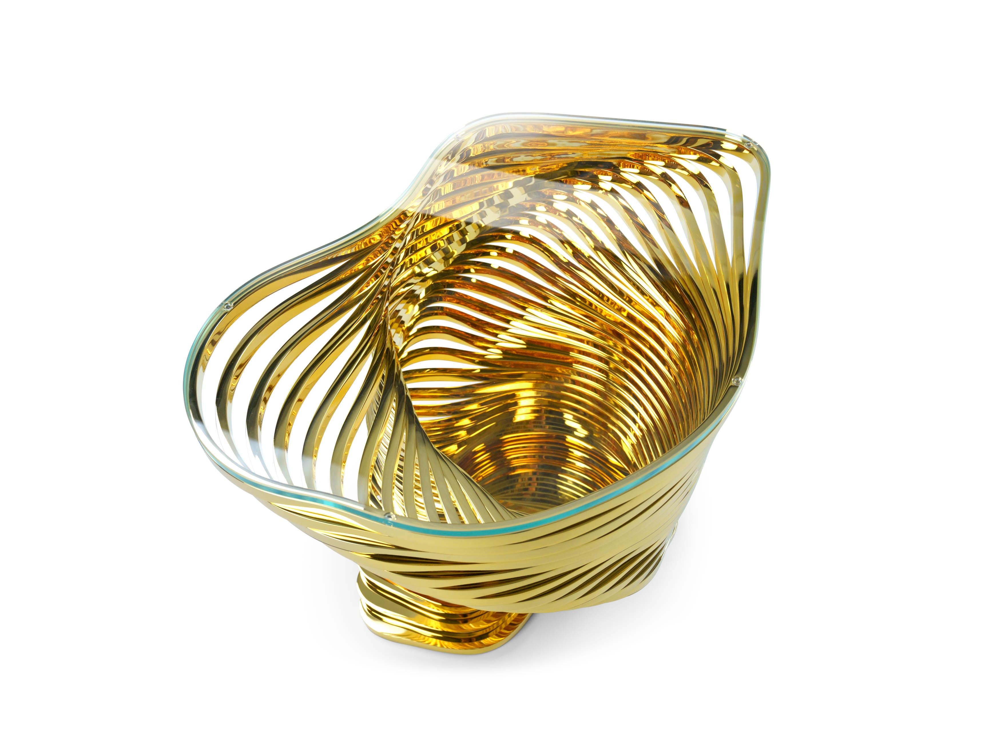 Beistelltisch Skulptur Vergoldeter Spiegel Edelstahl Kristallglasplatte Italien (Moderne) im Angebot