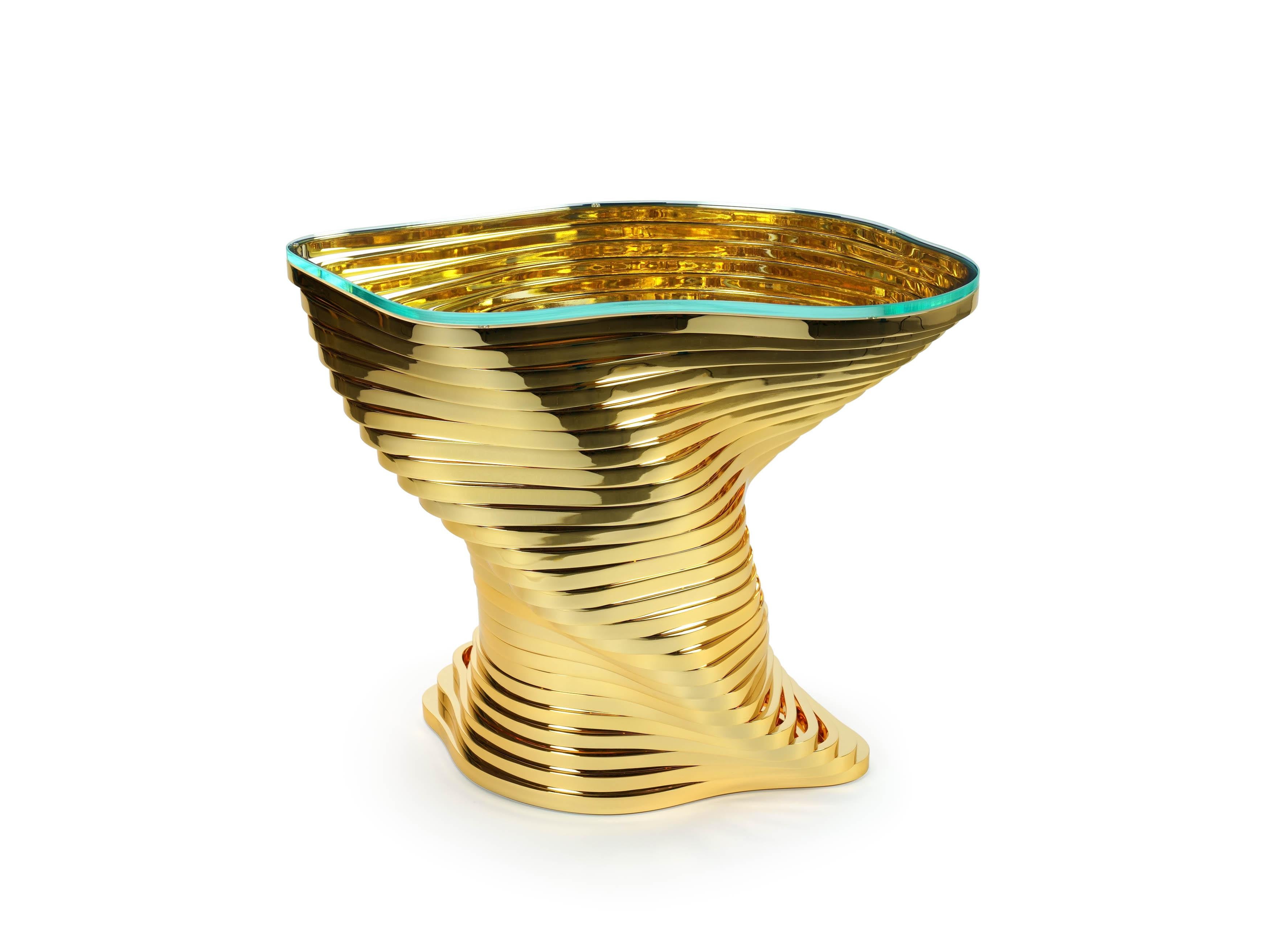 Beistelltisch Skulptur Vergoldeter Spiegel Edelstahl Kristallglasplatte Italien (Vergoldung) im Angebot