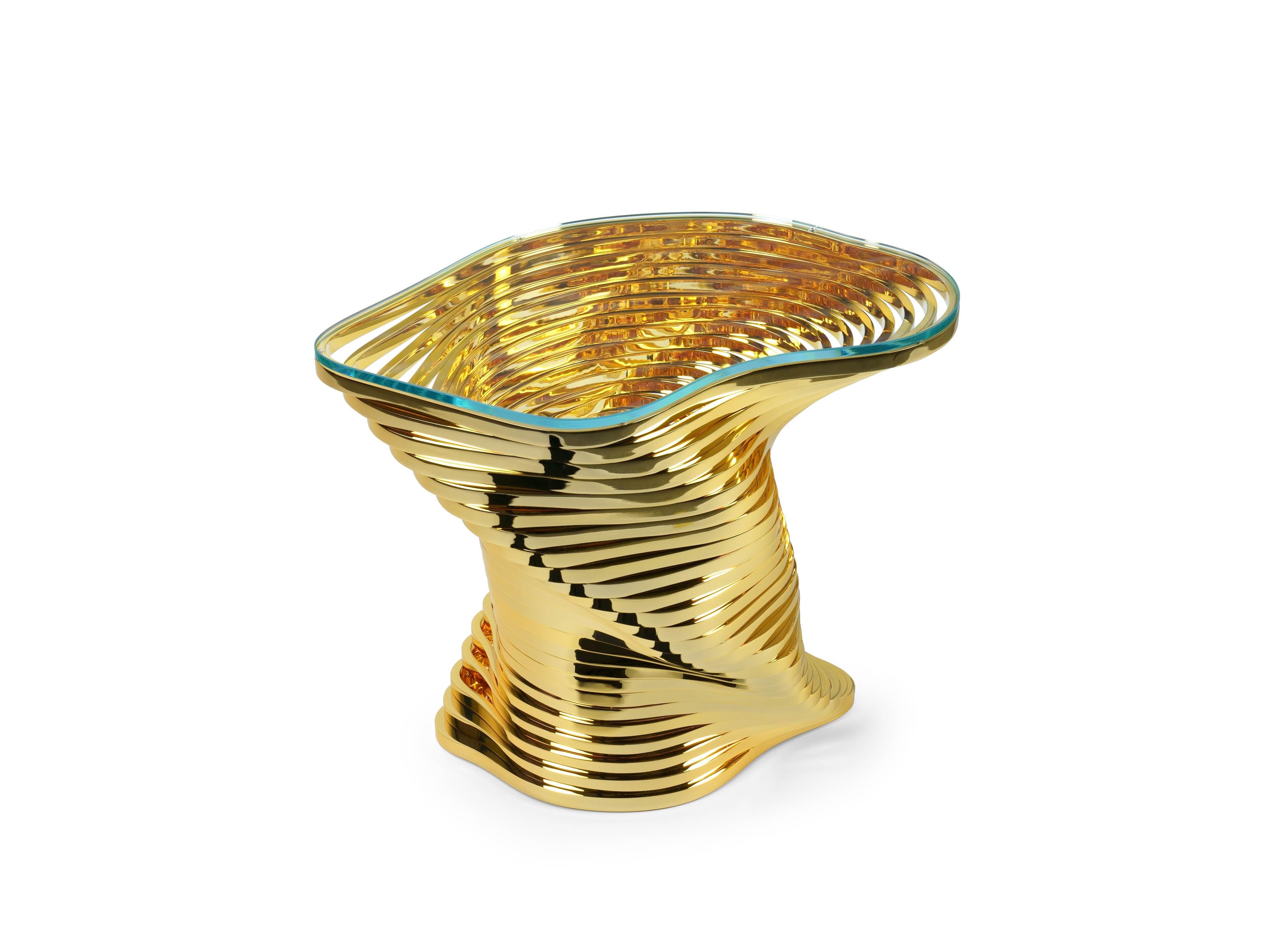 Italian Side Table Sculpture Gold Plated Mirror Stainless Steel Crystal Glass Top Italy For Sale