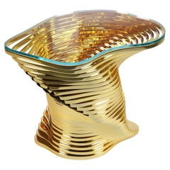 Side Table Sculpture Gold Plated Mirror Stainless Steel Crystal Glass Top Italy