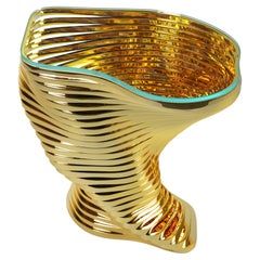 Mesa Auxiliar Escultura Espejo Dorado Acero Inoxidable Cristal Tapa de Cristal Italia