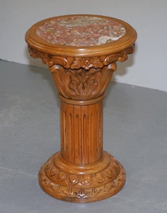 Side Table Sized Corithian Pillar Jardiniere in Hardwood with Italian Marble Top