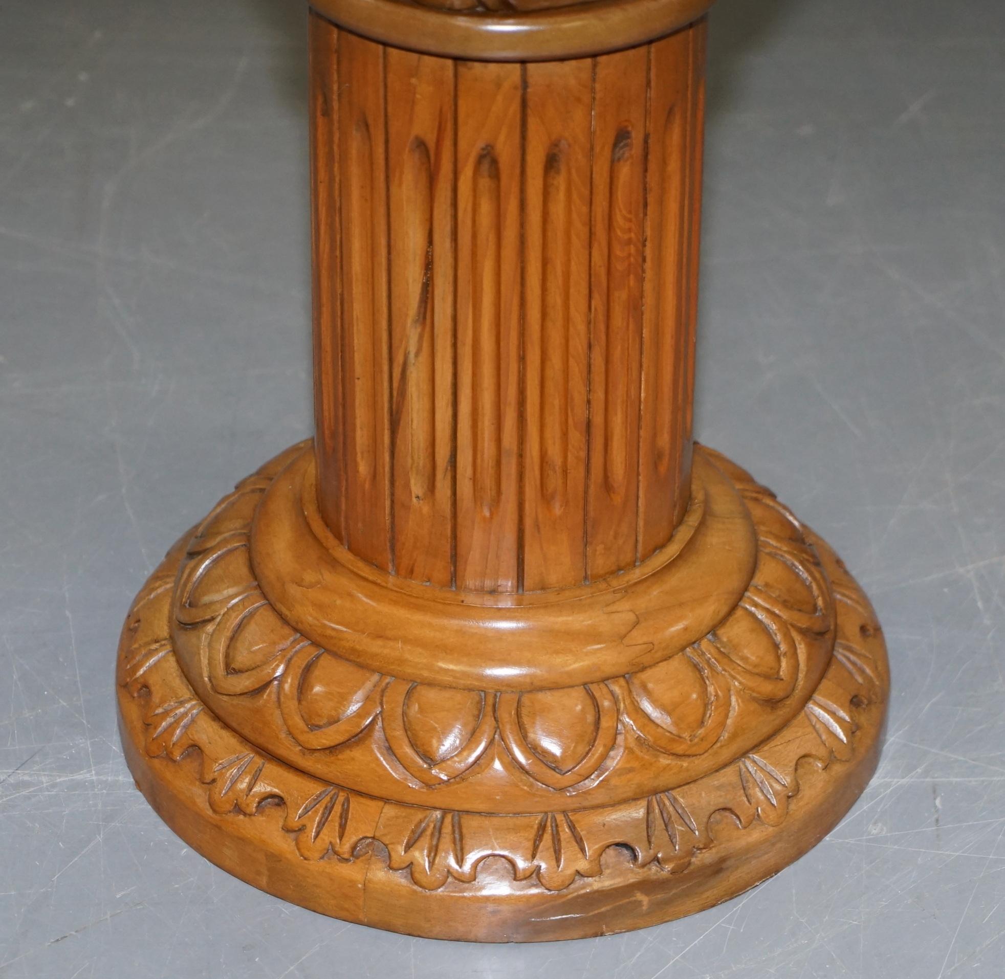 English Side Table Sized Corithian Pillar Jardiniere in Hardwood with Italian Marble Top
