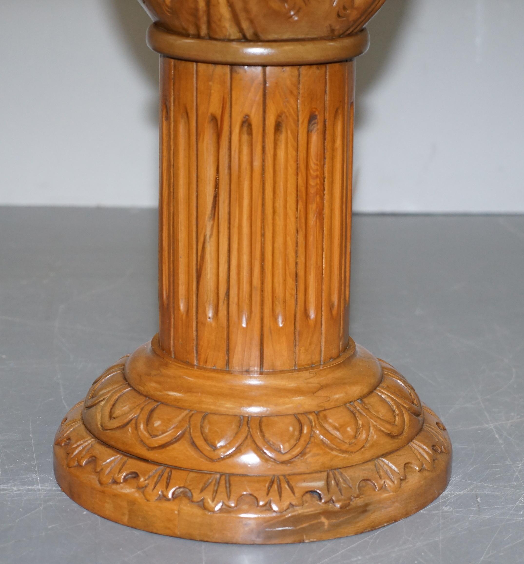 Hand-Crafted Side Table Sized Corithian Pillar Jardiniere in Hardwood with Italian Marble Top