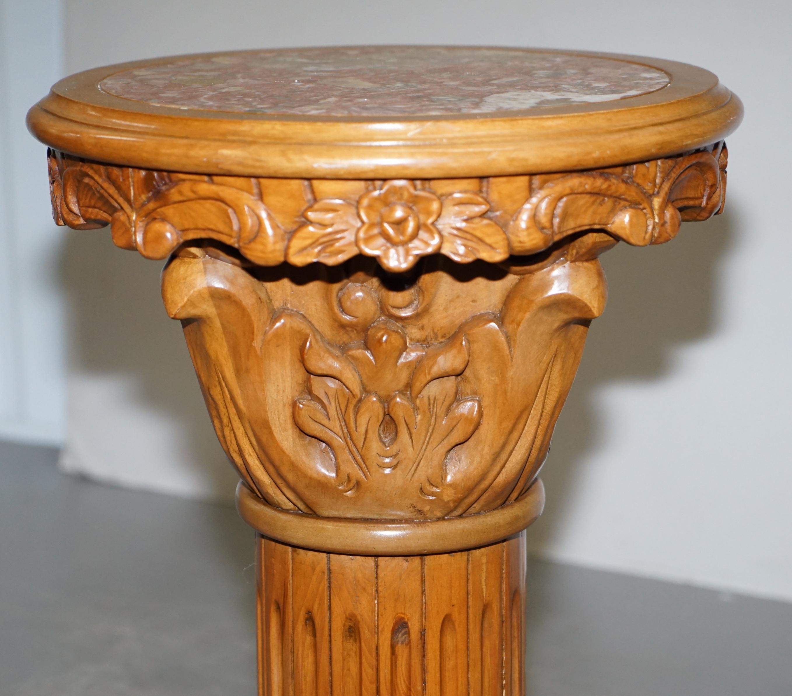 Side Table Sized Corithian Pillar Jardiniere in Hardwood with Italian Marble Top 1