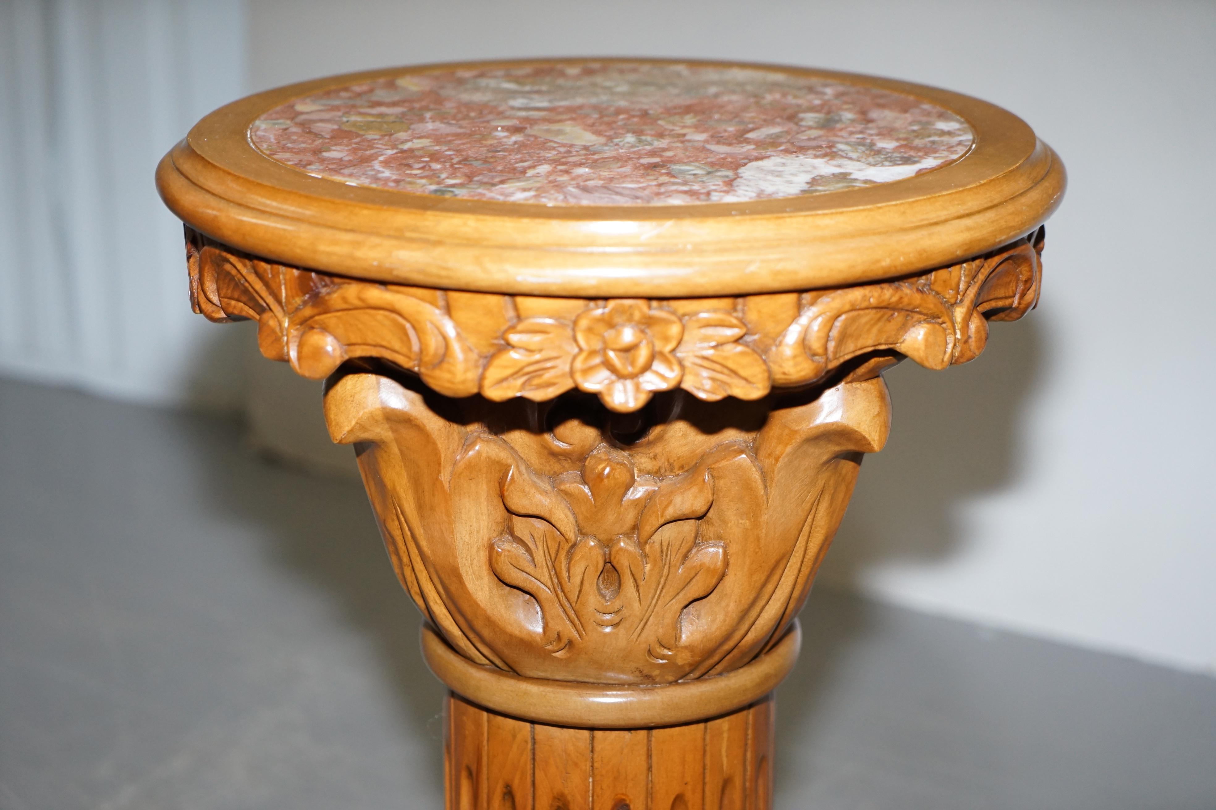 Side Table Sized Corithian Pillar Jardiniere in Hardwood with Italian Marble Top 2