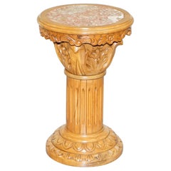 Side Table Sized Corithian Pillar Jardiniere in Hardwood with Italian Marble Top