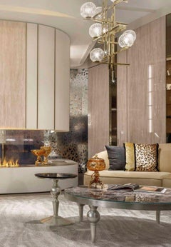 Side Table Solid Wood Patinated Champagne Finish Top Black Aziz marble