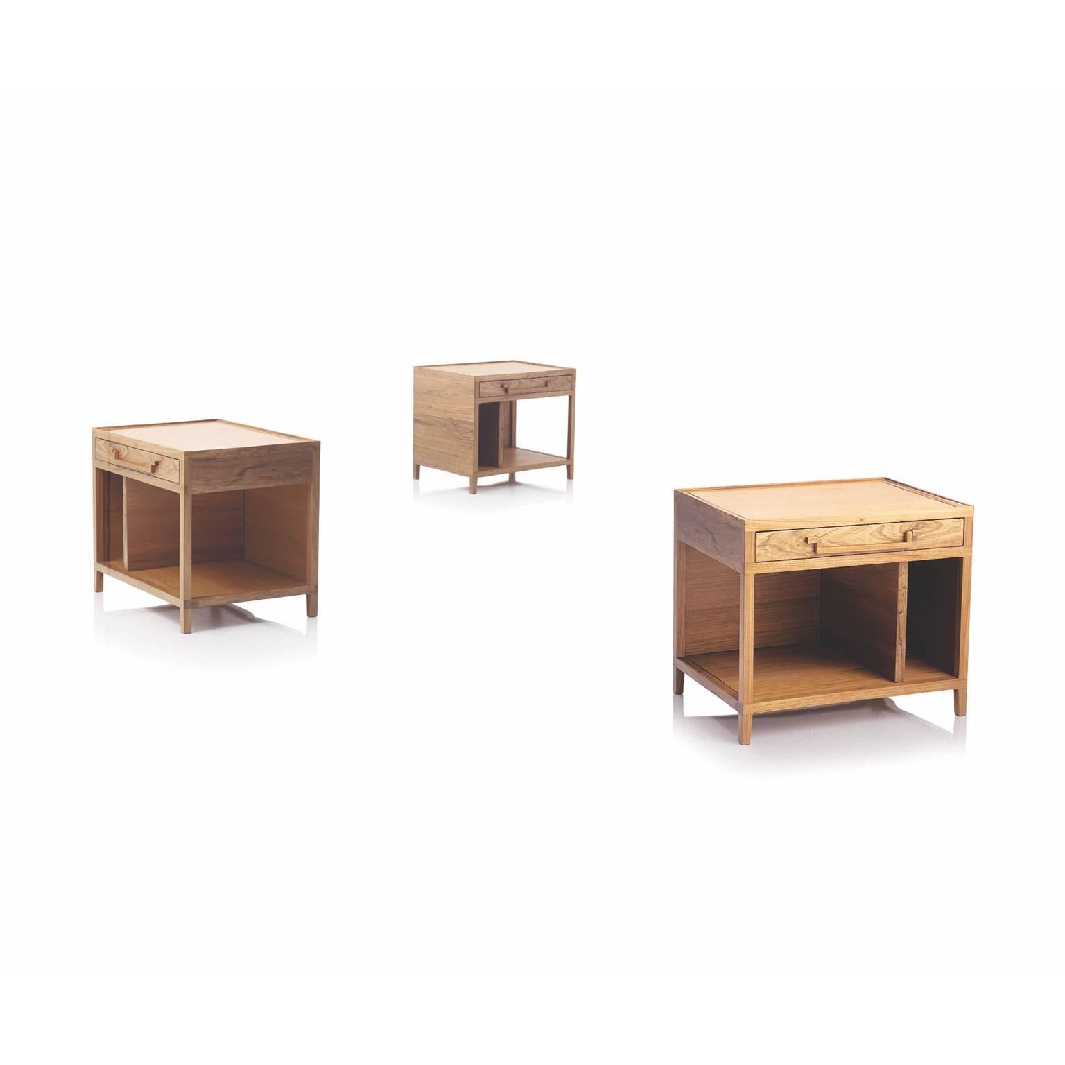 The side table Soliu structure is made in solid Brazilian wood Freijó with traditional joint techniques. The tabletop and shelf is veneered with natural wood. The finishing is an Italian matte acrylic varnish that show the wood beauty: colors,