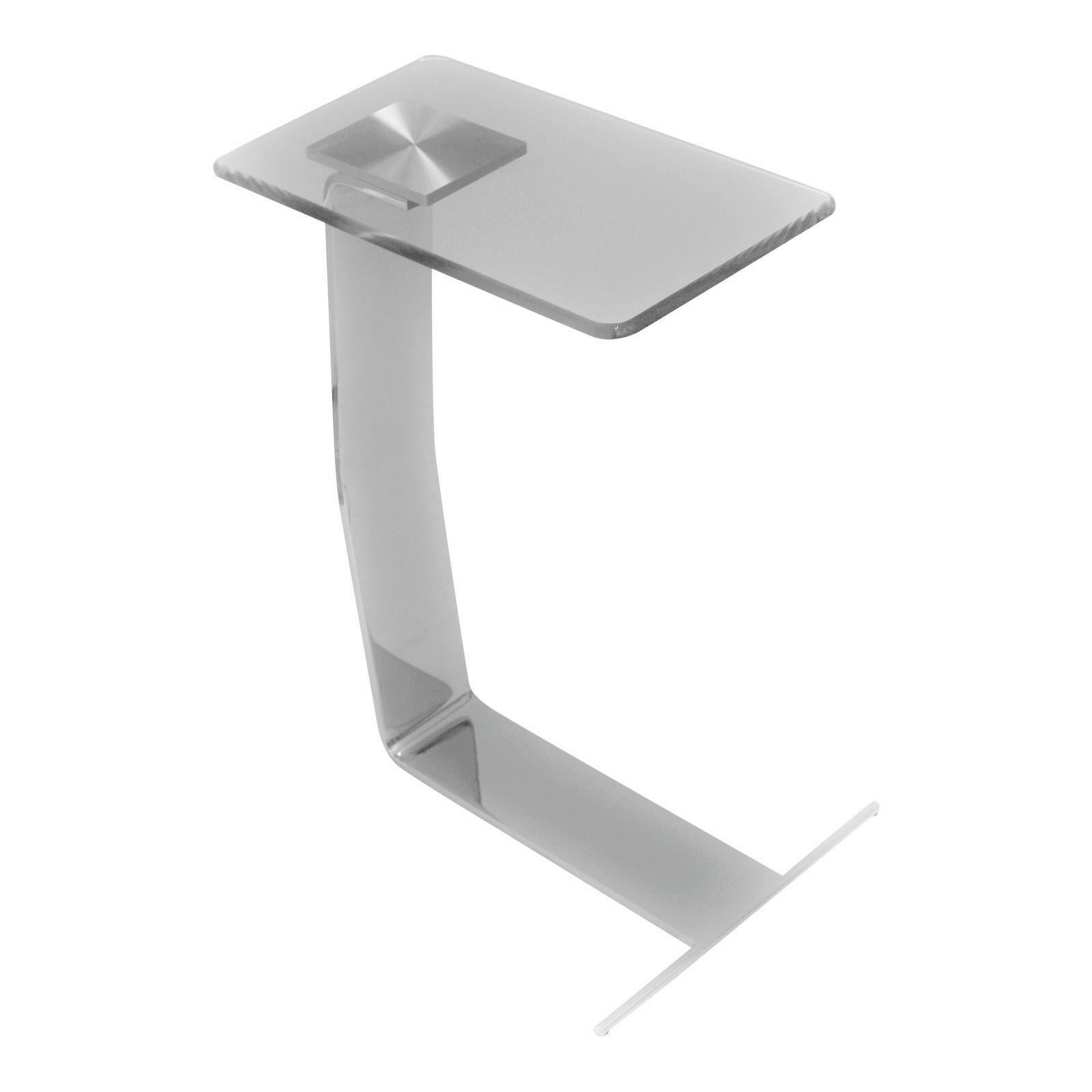 Streamlined side table in satin steel and polished steel with glass top.
In the style of DIA (Design Institute of America).