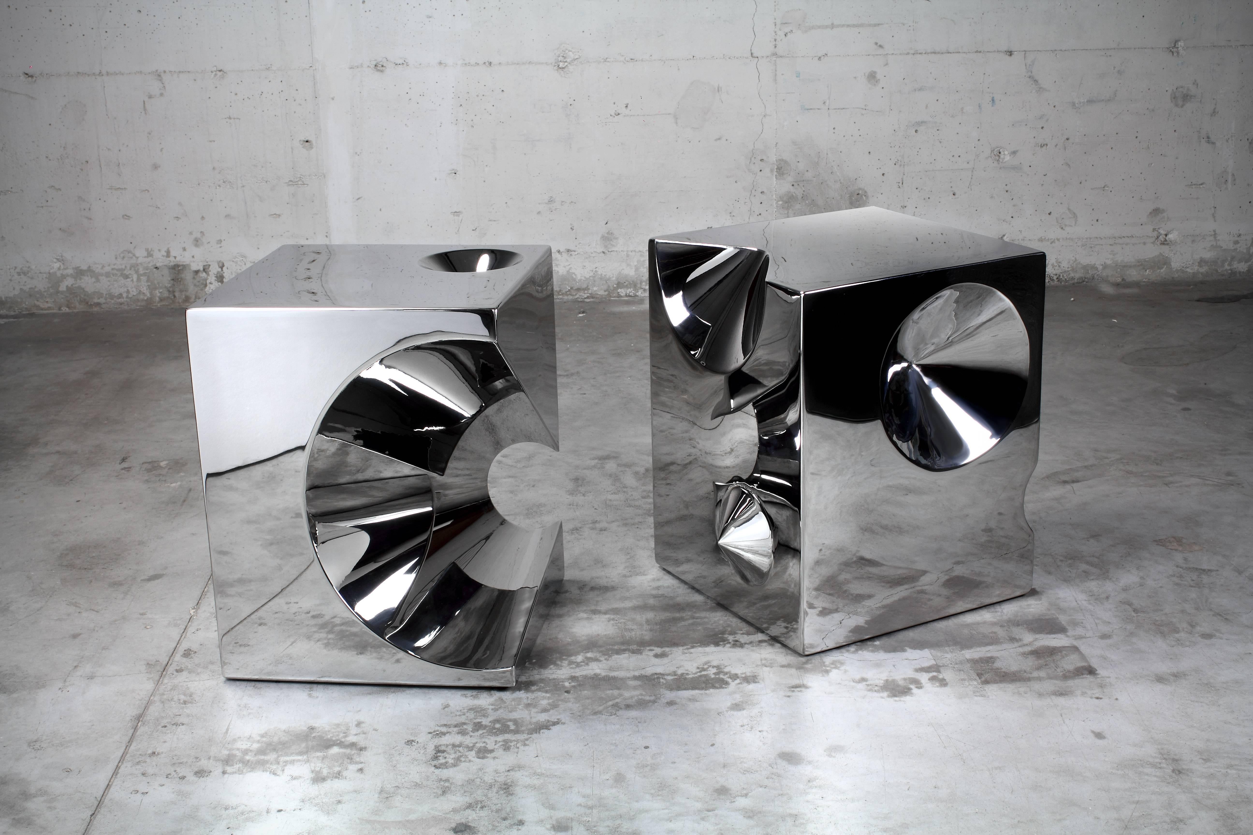 Polished Side or End Table Abstract Sculpture Cube Square Mirror Steel Collectible Design For Sale