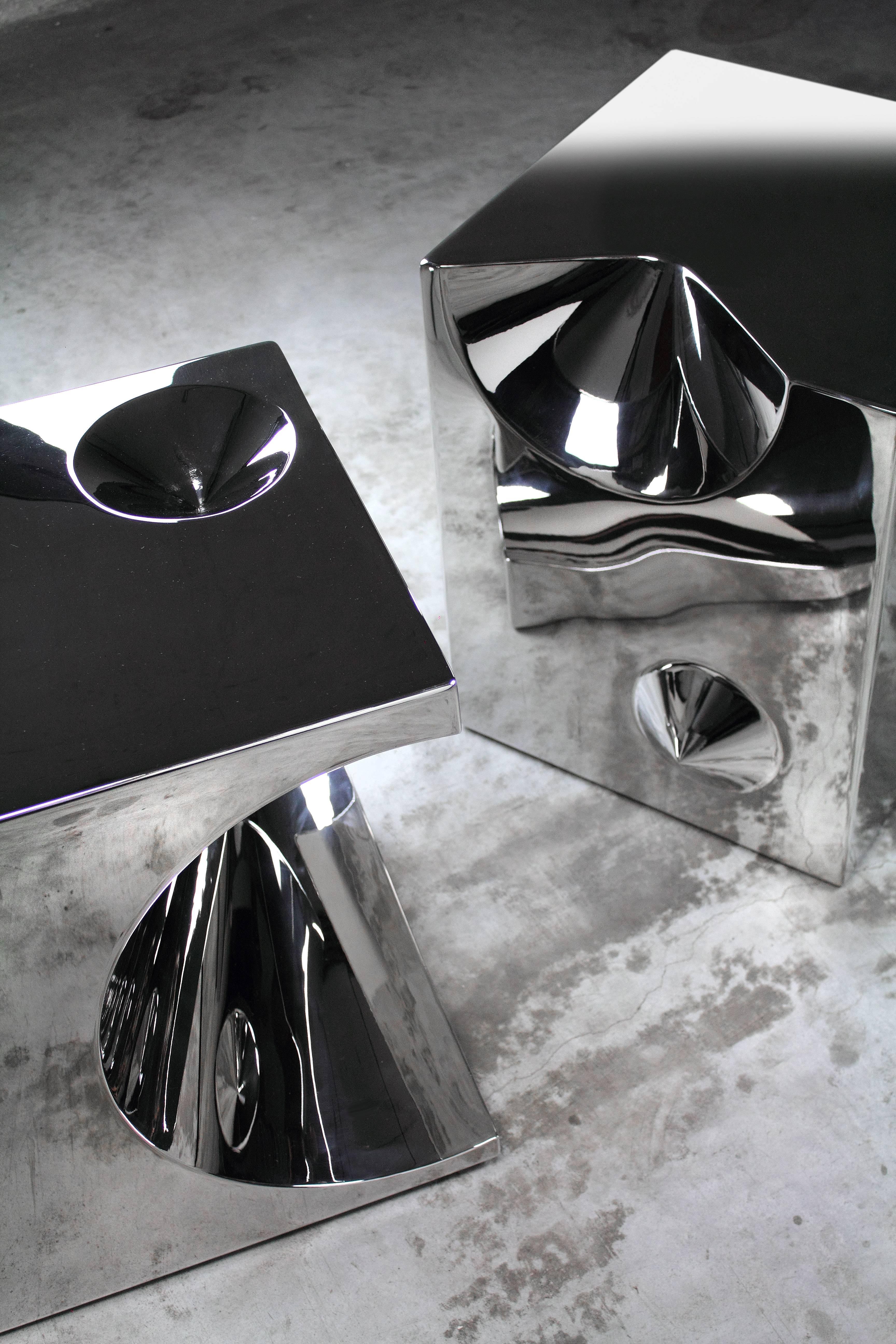 Contemporary Side or End Table Abstract Sculpture Cube Square Mirror Steel Collectible Design For Sale