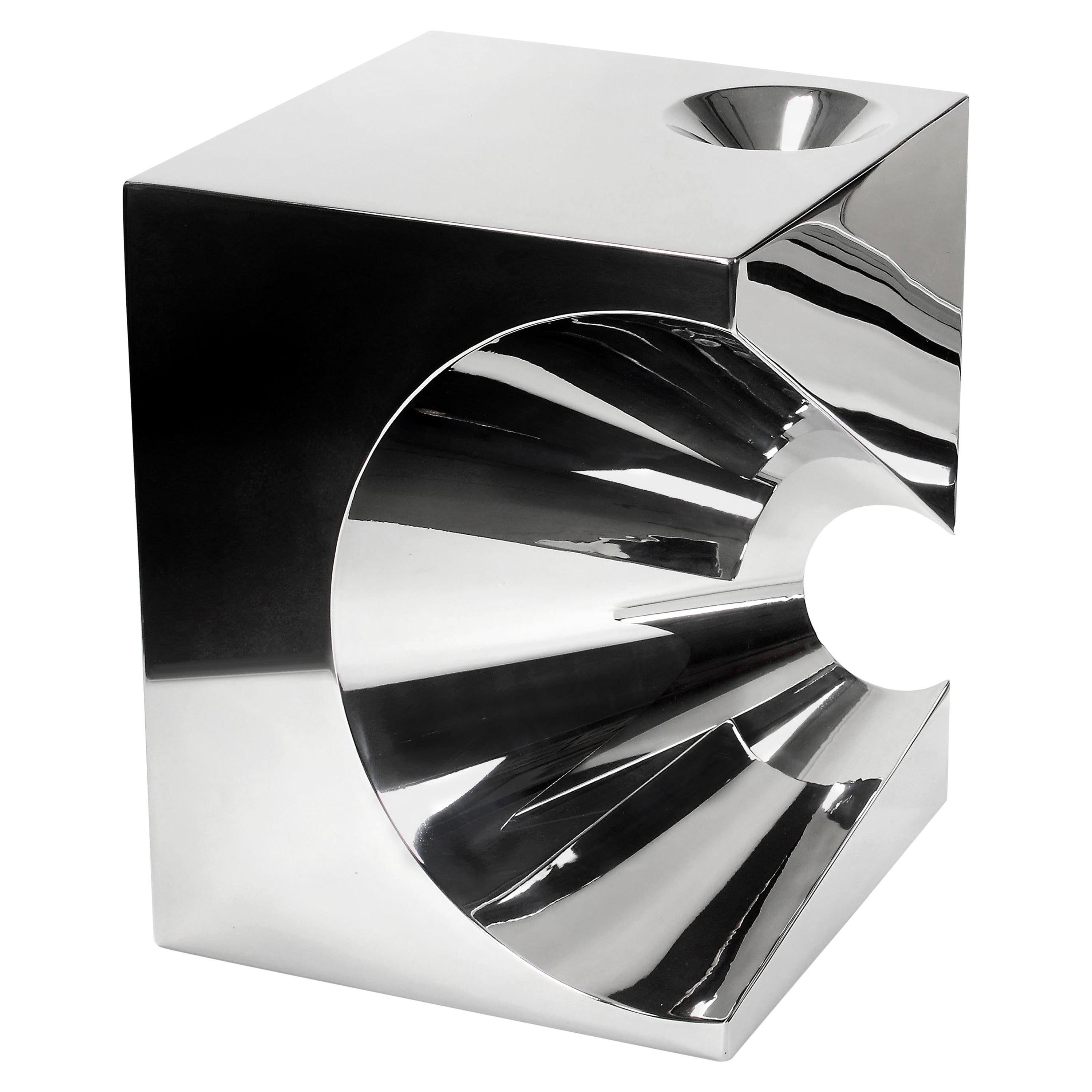Mesa auxiliar o auxiliar Escultura abstracta Cubo Cuadrado Espejo Acero Diseño Coleccionable