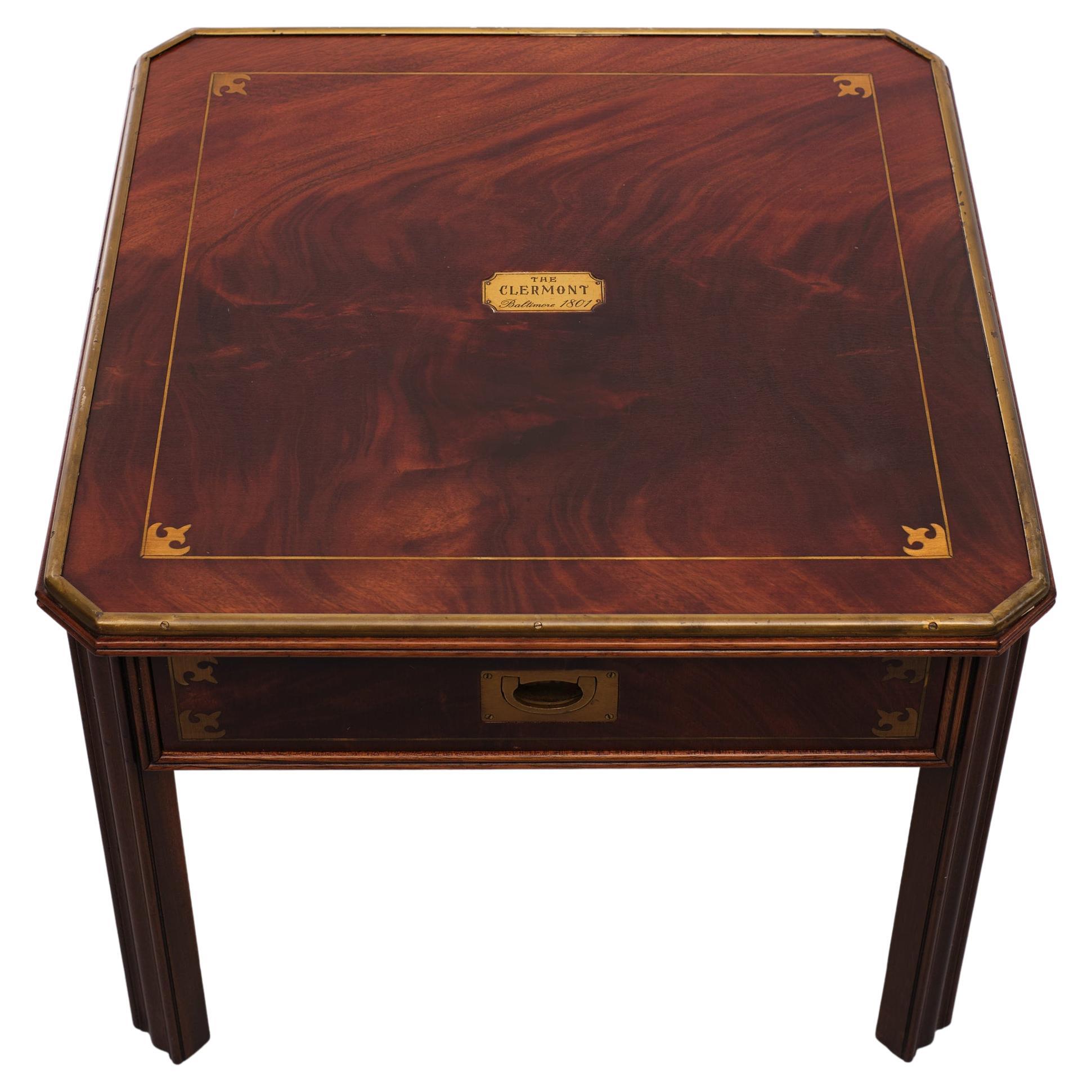 Beautiful side table mahogany frame comes with Brass inlay champaign style 
One drawer. with inset drop handles. Signed The Clermount Baltimore 1801 
This table has some history, it's reputedly made from the timber of the Paddle steamer Clermont,