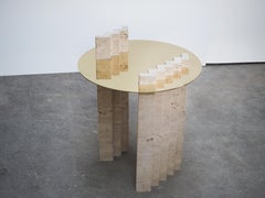 Side Table Travertine and Brass Sculpted by Dessislava Madanska