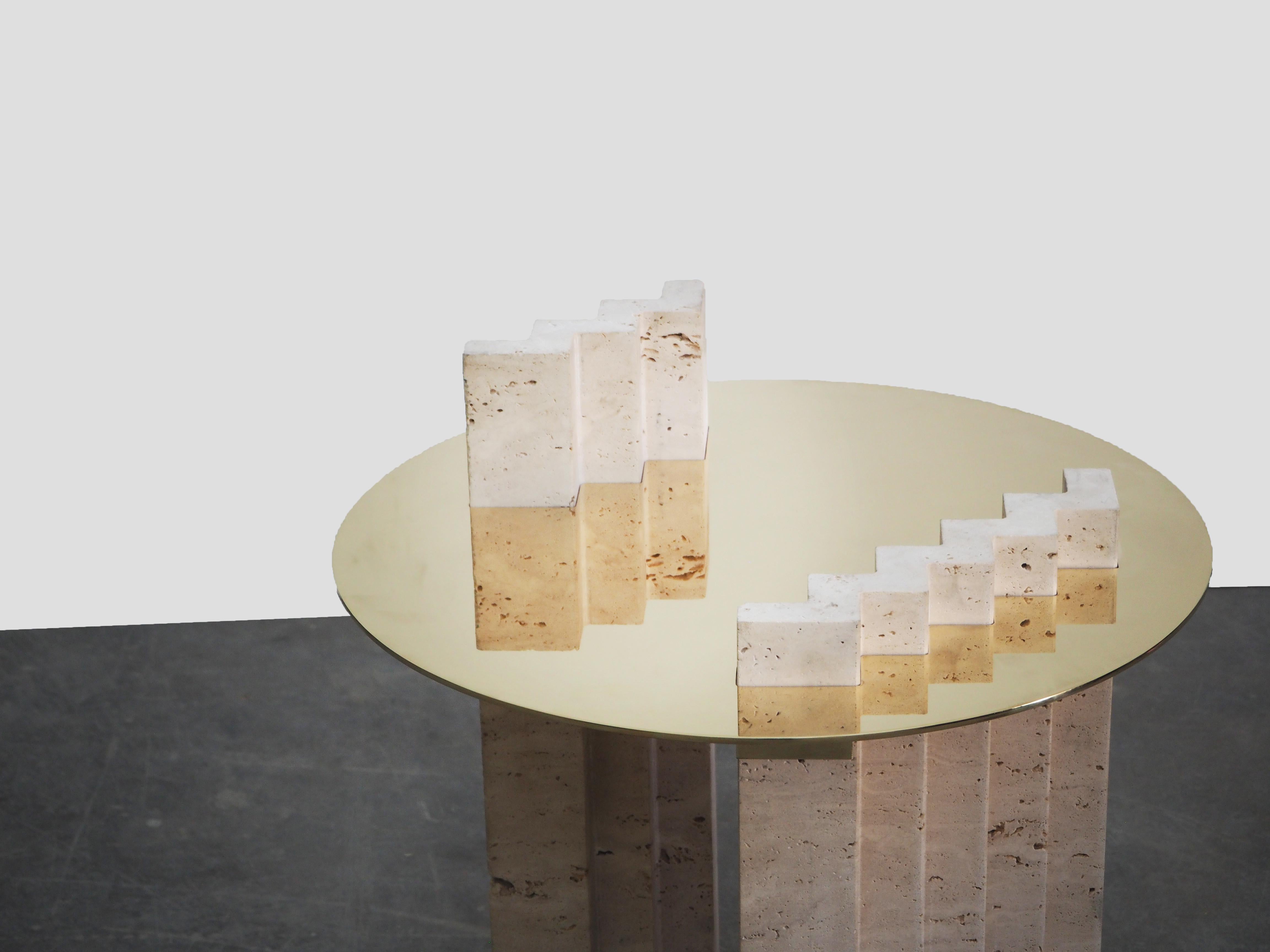 English Side Table Travertine and Brass Sculpted by Dessislava Madanska
