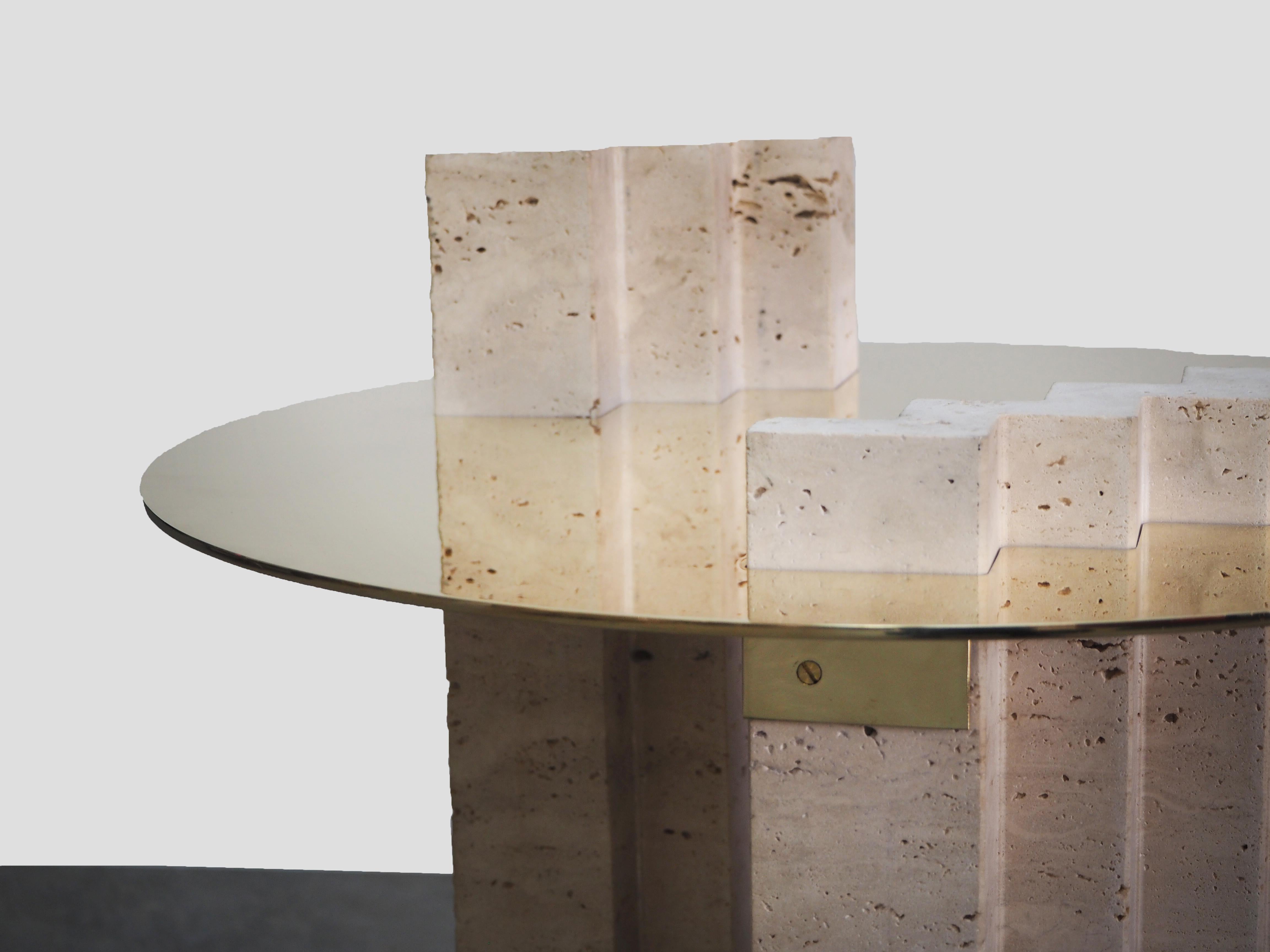 Side Table Travertine and Brass Sculpted by Dessislava Madanska In New Condition In Geneve, CH