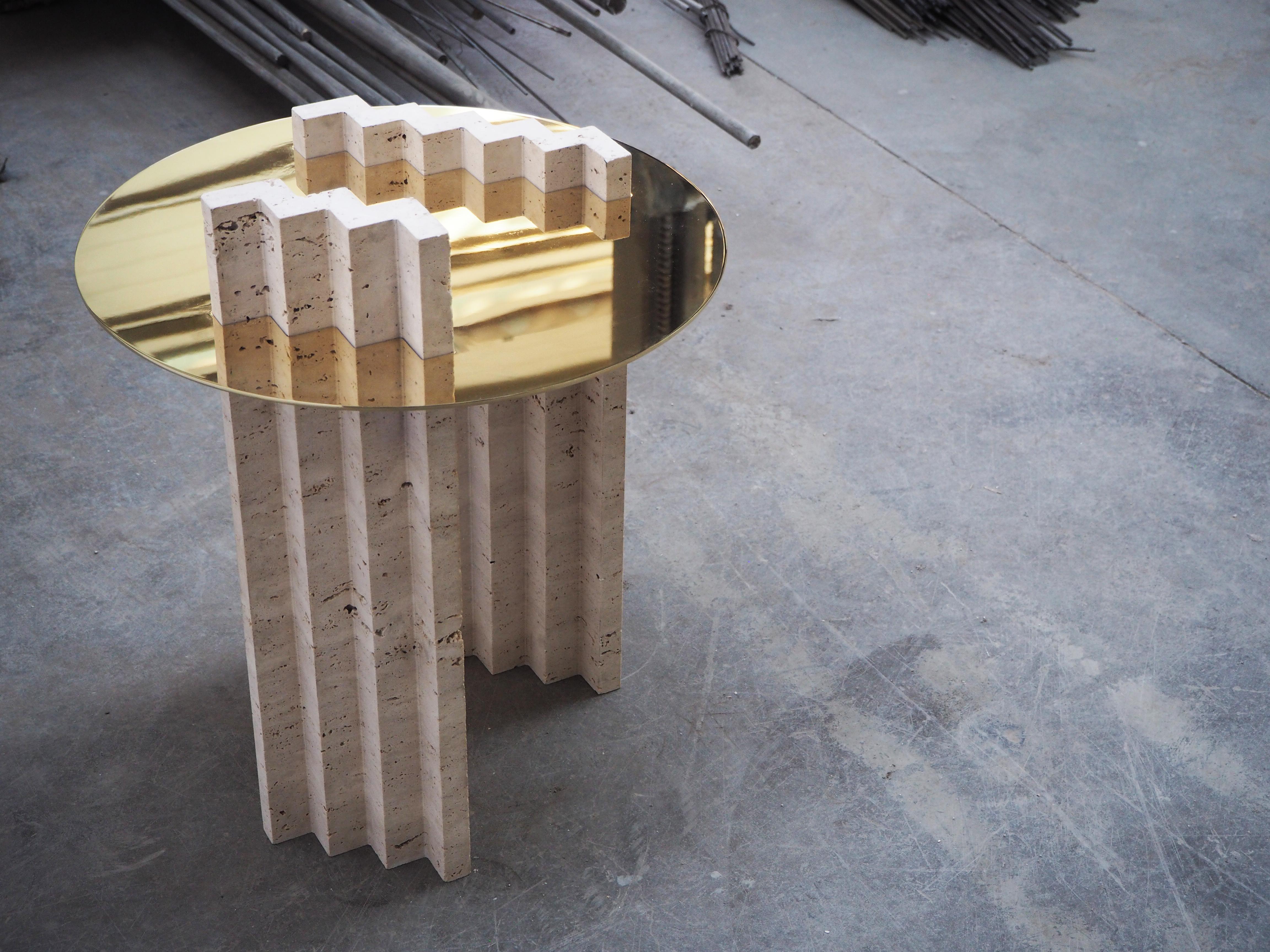 Contemporary Side Table Travertine and Brass Sculpted by Dessislava Madanska