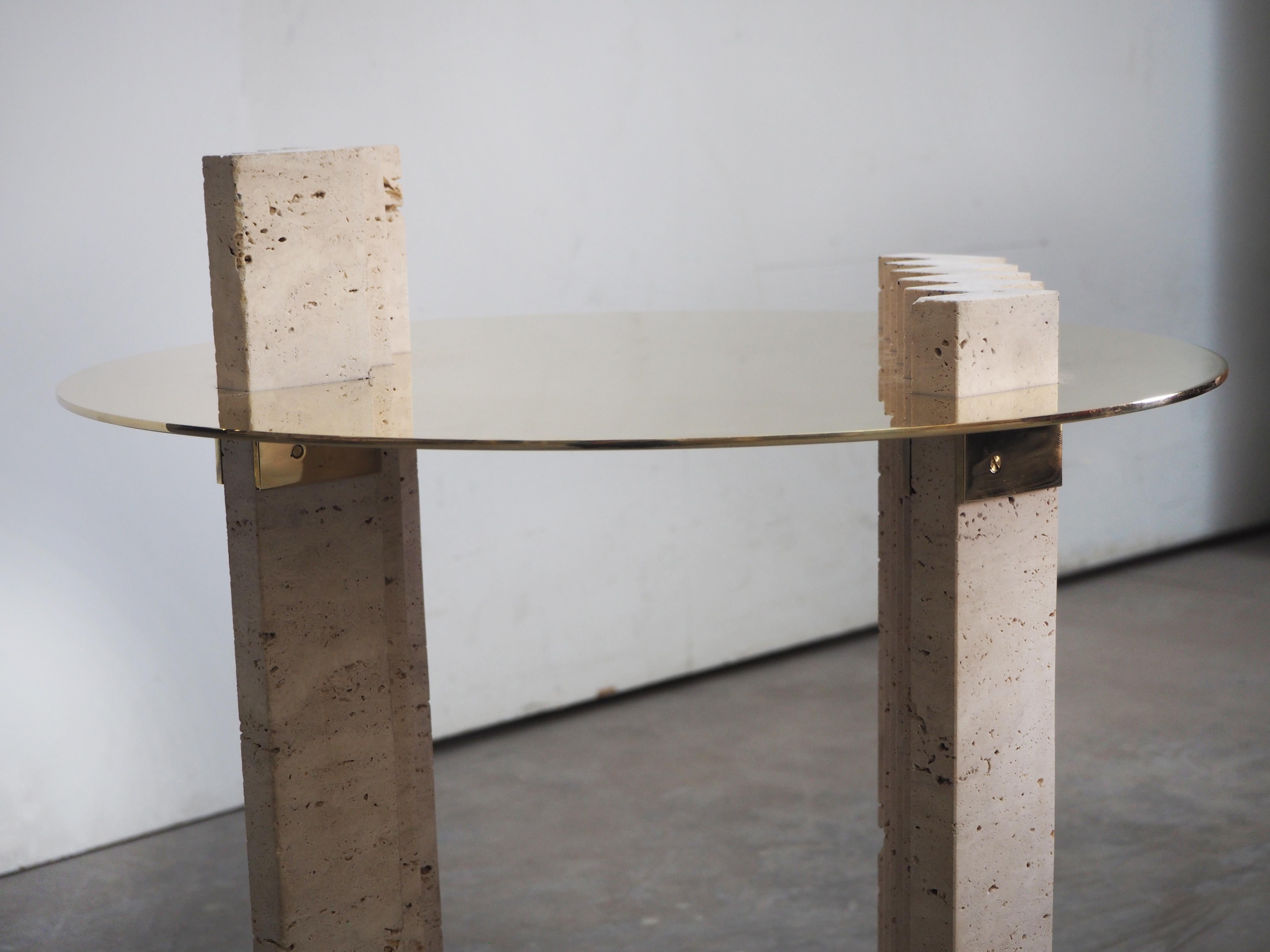 Side Table Travertine and Brass Sculpted by Dessislava Madanska 2