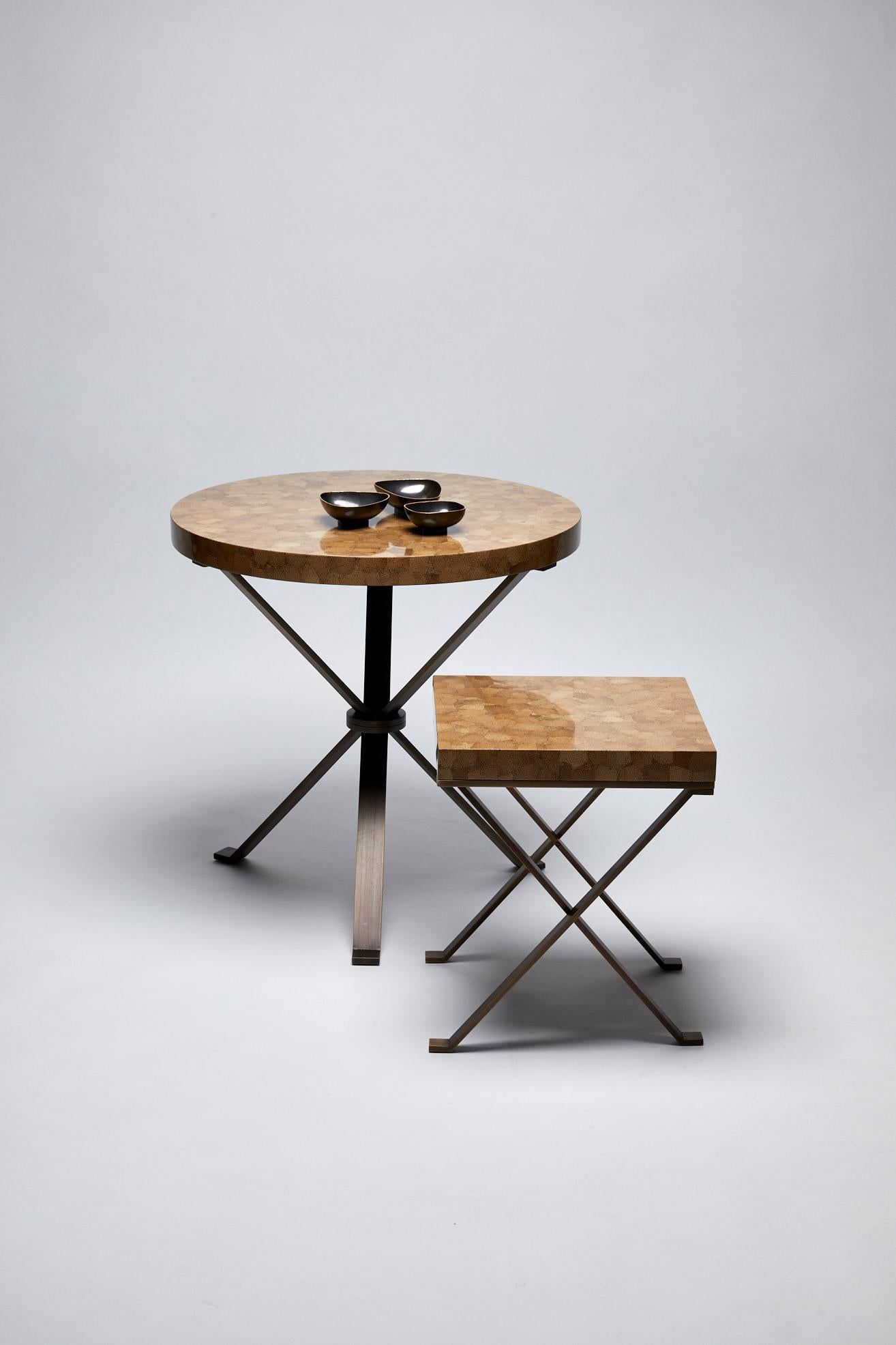Dieser Tisch mit klassischem Design besticht durch seine Originalität im Umgang mit den Materialien. Das Plateau aus Kokosnuss, das an die asiatischen Einflüsse des Designers erinnert, und die Platte aus bronzefarbenem, patiniertem Edelstahl machen