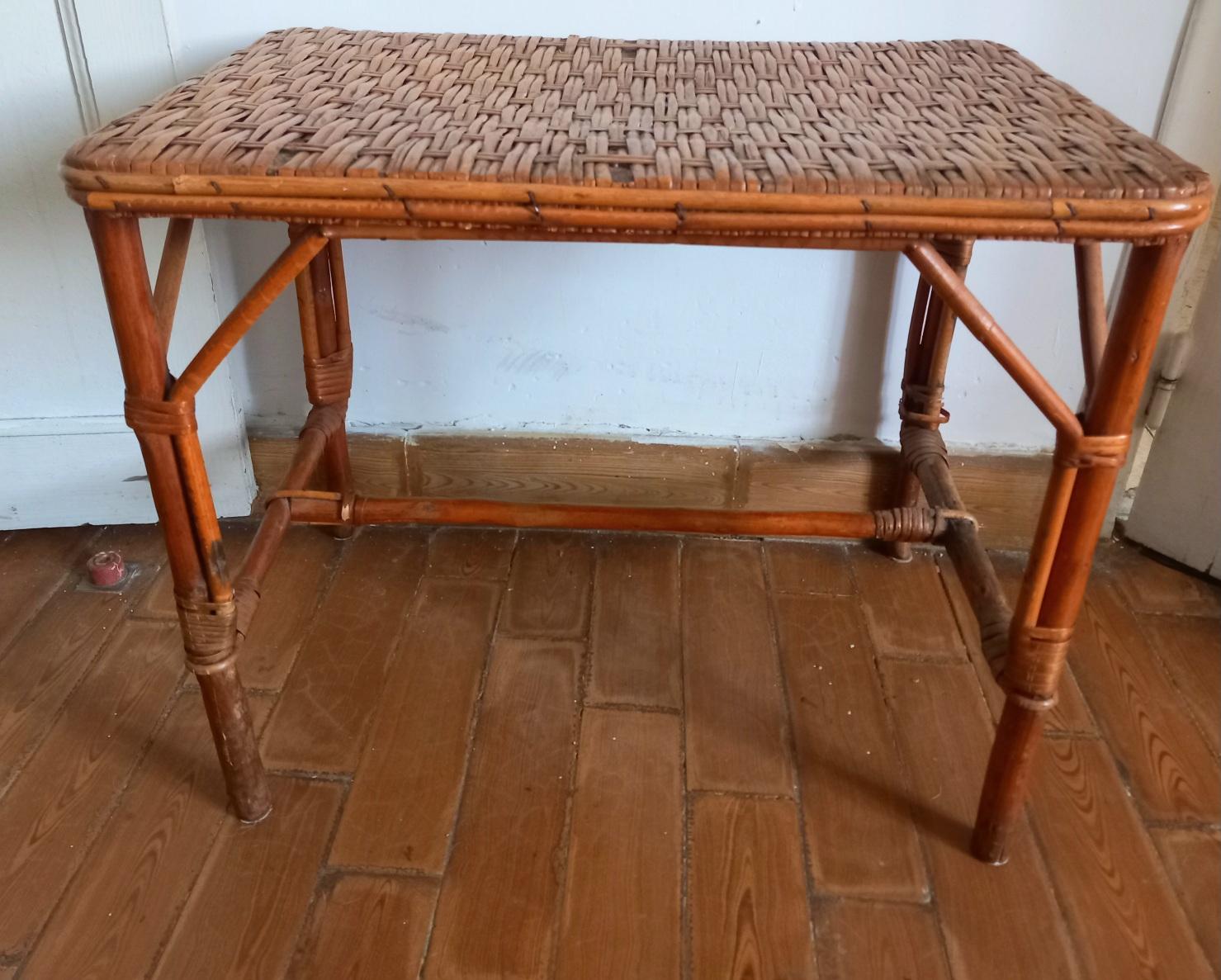 Bamboo Side Table Vintage France Wicker Rattan For Sale