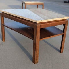 Side Table, Vintage Mid Century, Travertine Top, Walnut, MCM, Wedge Shape