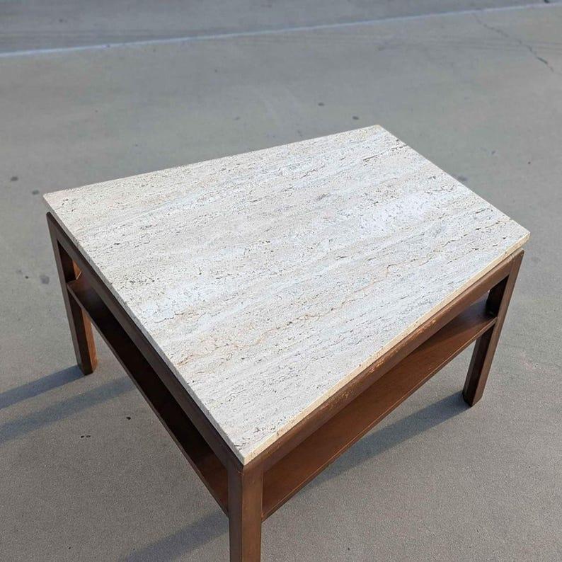 Mid-Century Modern Side Table, Vintage Mid Century, Travertine Top, Walnut, MCM, Wedge Shape For Sale