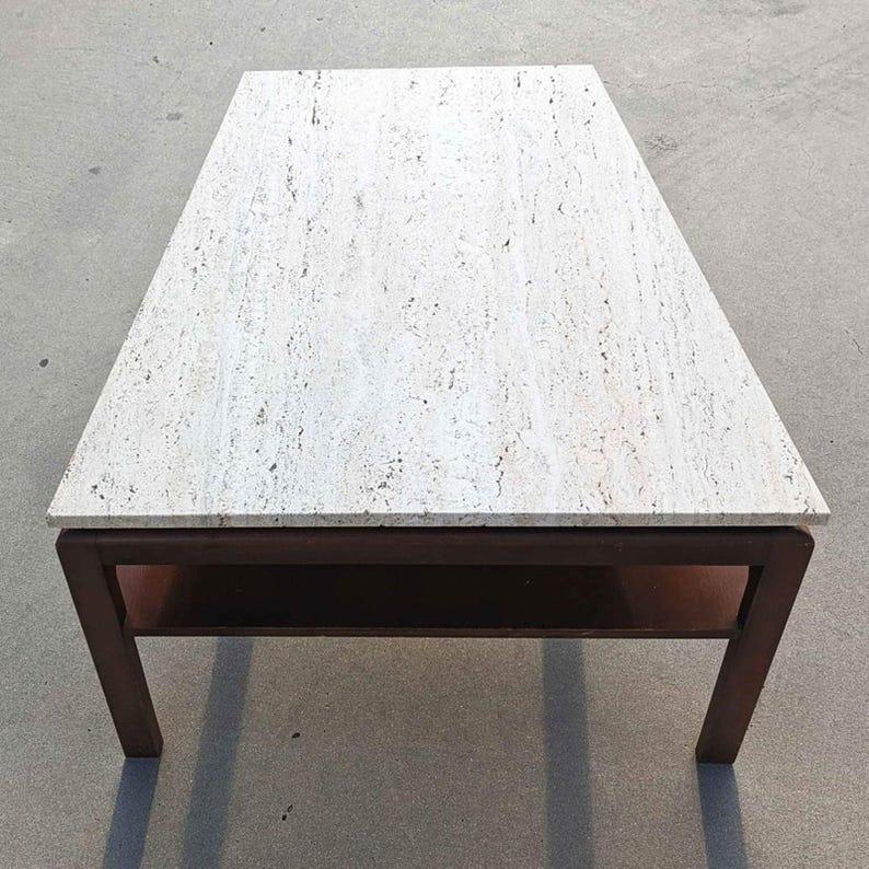 Unknown Side Table, Vintage Mid Century, Travertine Top, Walnut, MCM, Wedge Shape For Sale