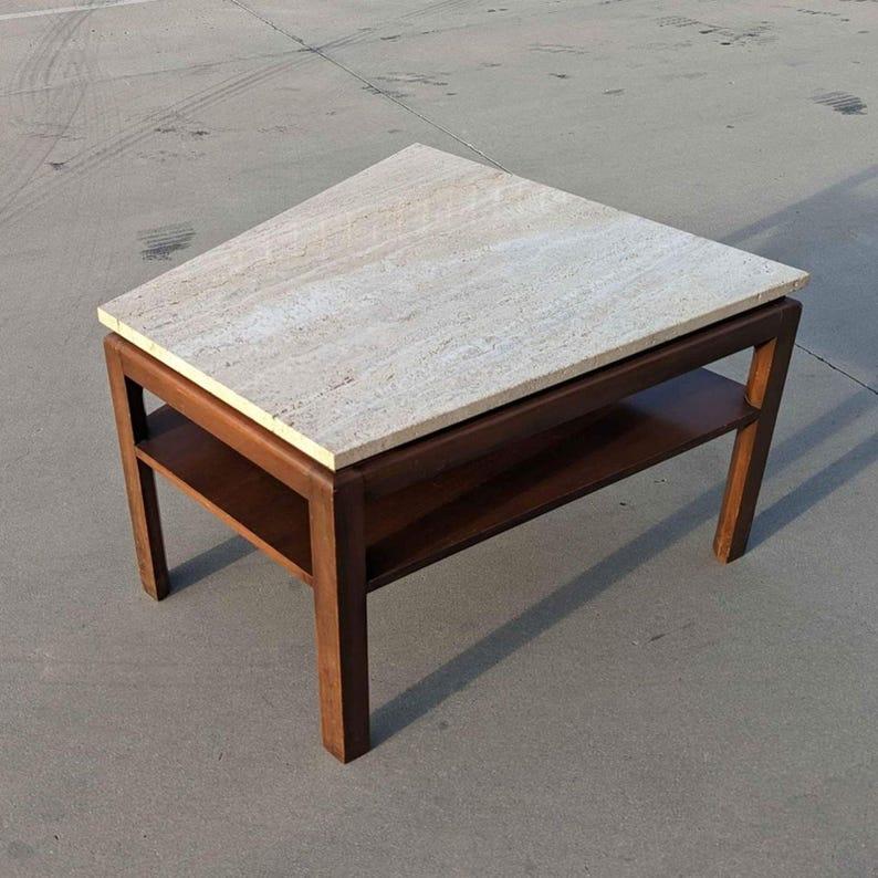 Side Table, Vintage Mid Century, Travertine Top, Walnut, MCM, Wedge Shape In Good Condition For Sale In Rancho Cucamonga, CA