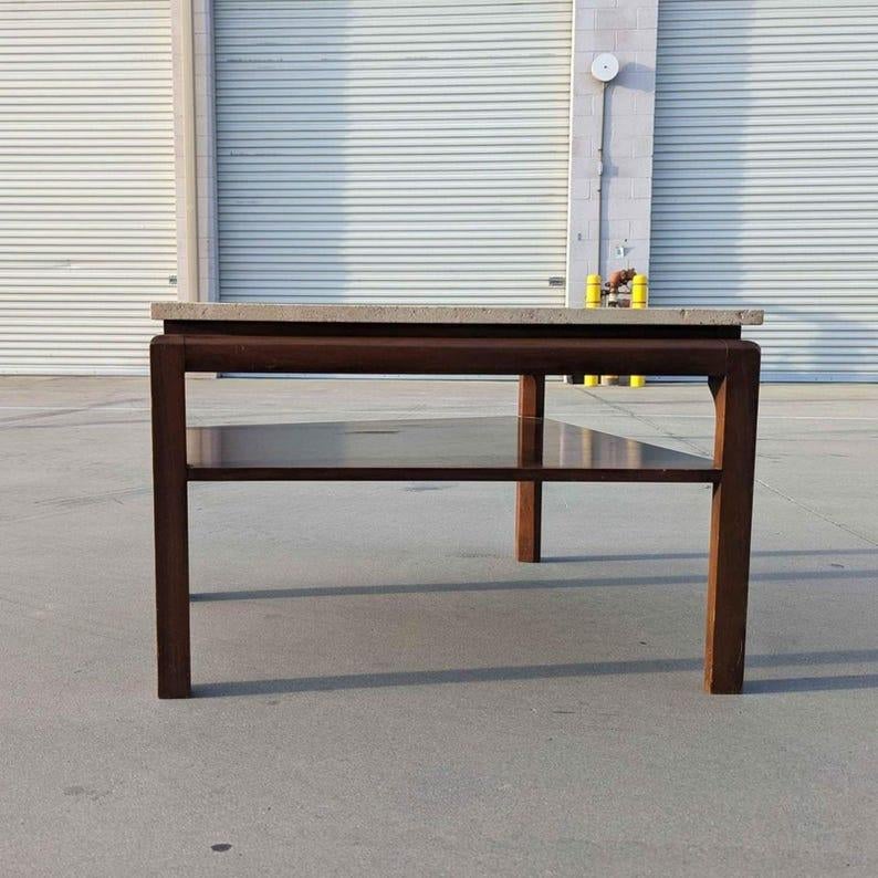 20th Century Side Table, Vintage Mid Century, Travertine Top, Walnut, MCM, Wedge Shape For Sale