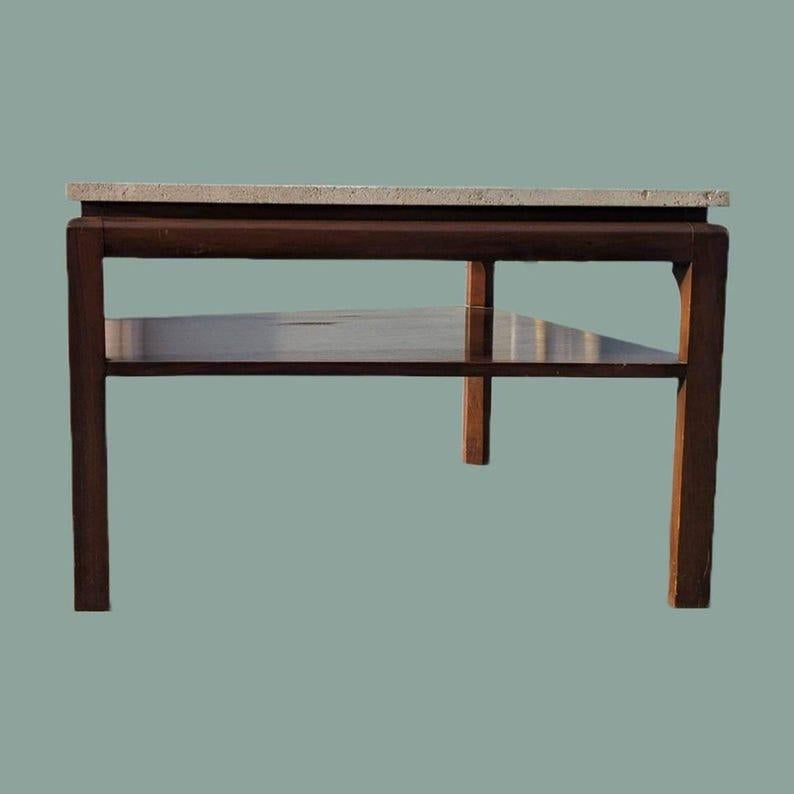 Side Table, Vintage Mid Century, Travertine Top, Walnut, MCM, Wedge Shape For Sale 1