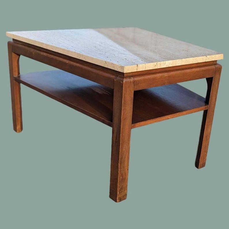 Side Table, Vintage Mid Century, Travertine Top, Walnut, MCM, Wedge Shape For Sale 2