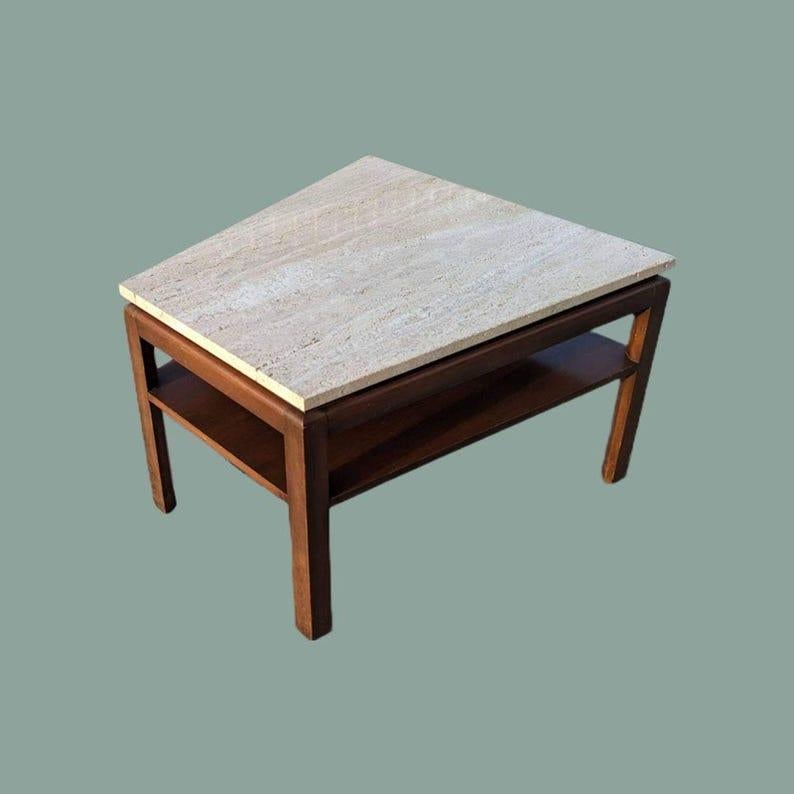 Side Table, Vintage Mid Century, Travertine Top, Walnut, MCM, Wedge Shape For Sale 3