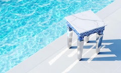 Side Table White Marble Top Mirror Steel Legs, Blue Majolica Tiles Also Outdoor
