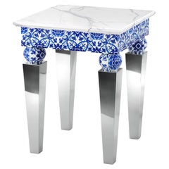 Outdoor or Indoor Side Table White Marble Blue Majolica Tiles Mirror Steel