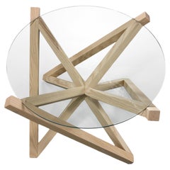 TABLE LATÉRALE avec base dynamique en frêne blanc et plateau rond en verre trempé
