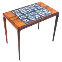 Side table with blue ceramics, Denmark, 1960s. After renovation.