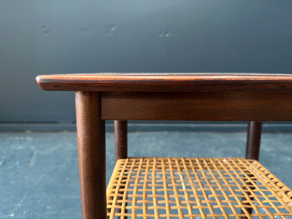 Danish Side Table with Caned Shelf For Sale