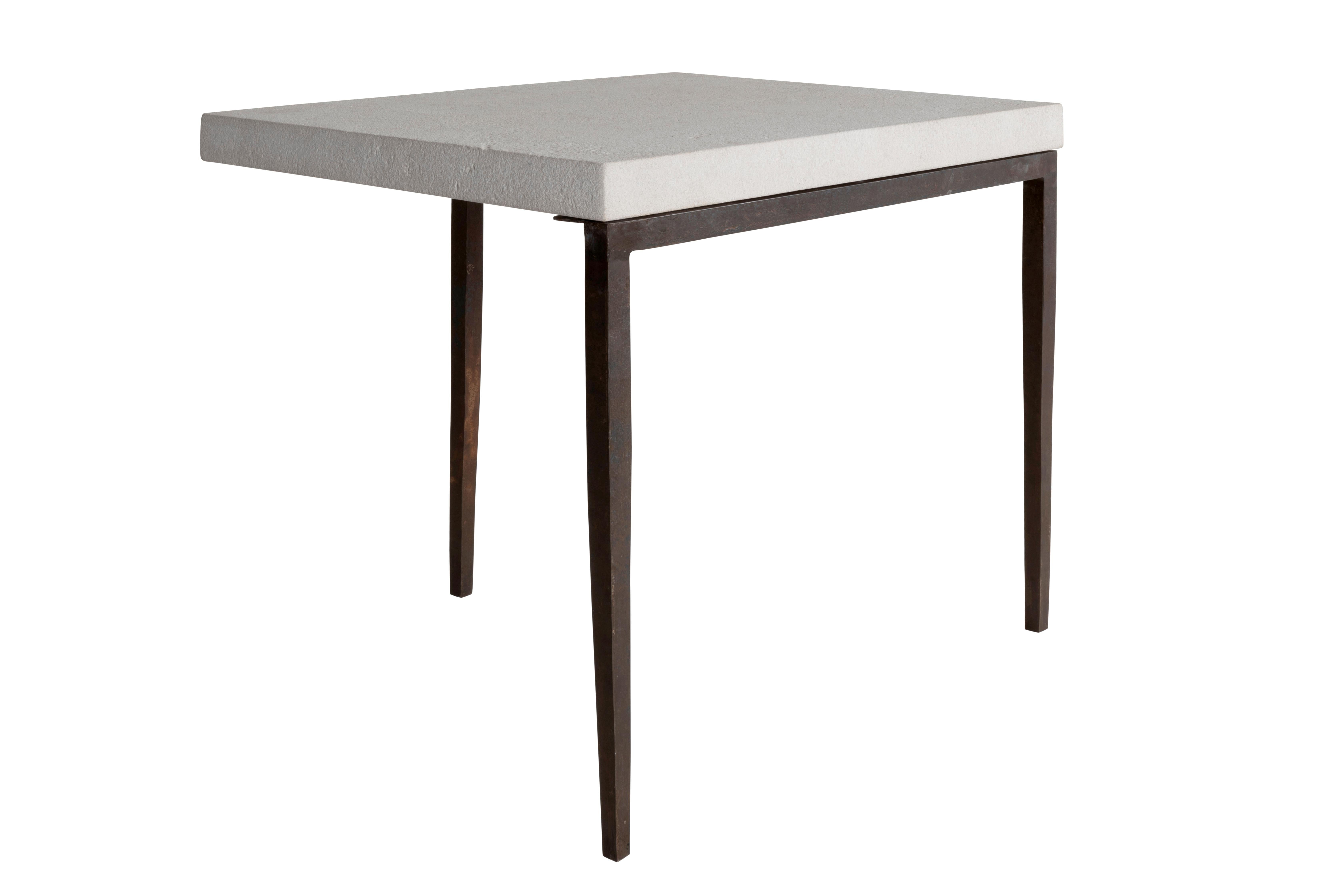 Industrial Side Table with Cast Iron Tapered Legs and Limestone Top