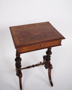 Side Table With Drawer In Hand Polished Mahogany & Turned Legs From 1880s