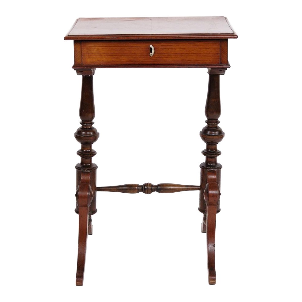 Side Table With Drawer In Hand Polished Mahogany & Turned Legs From 1880s