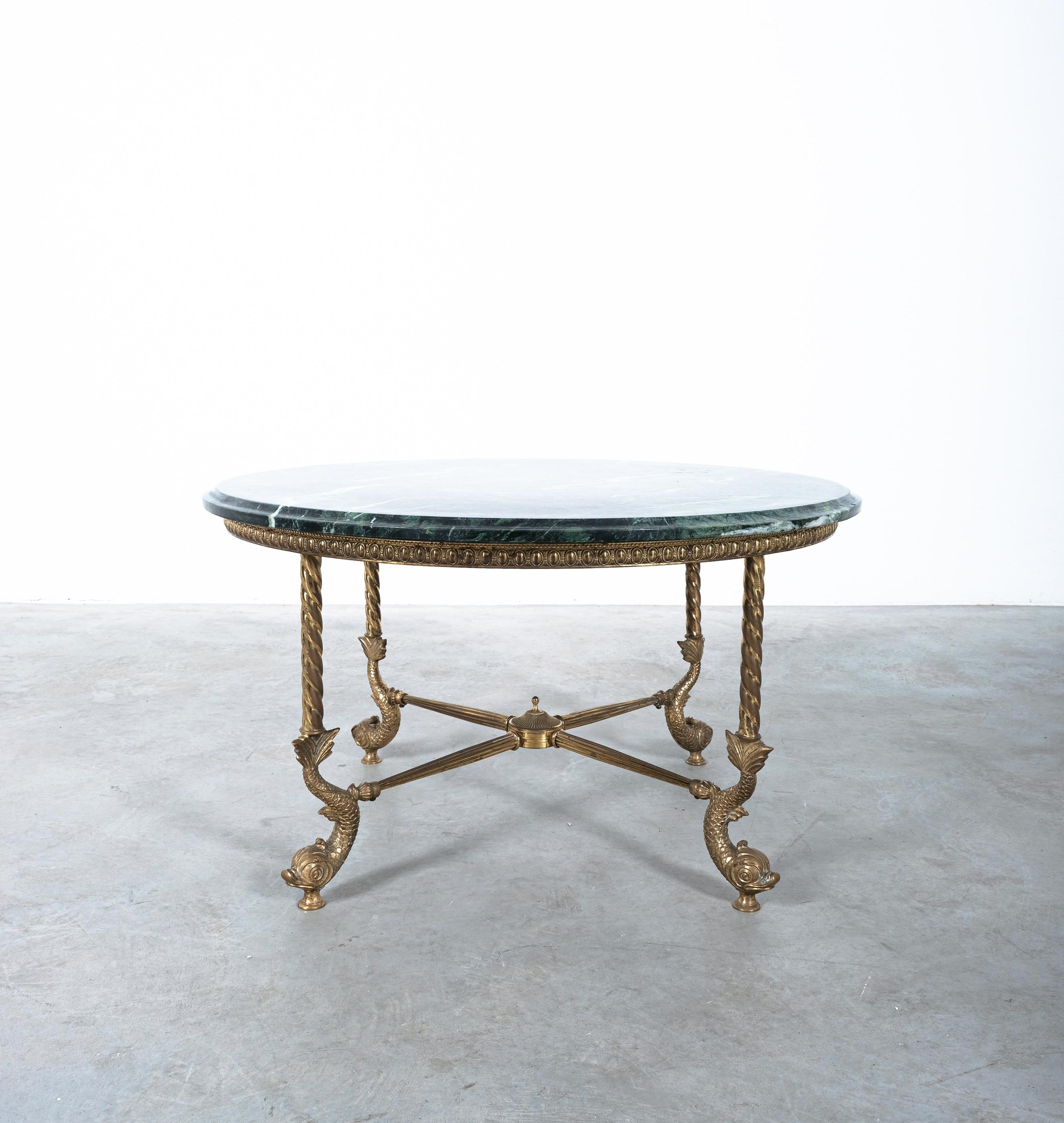 Hollywood Regency Side Table with Green Marble Tops Brass, France, circa 1940